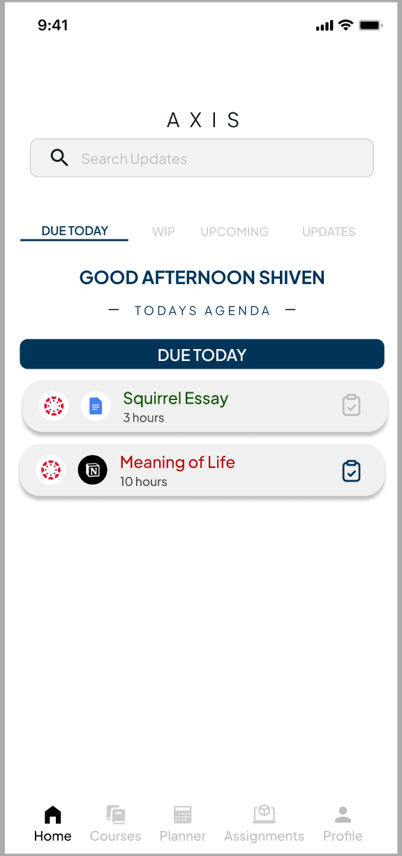 Axis home screen — final design