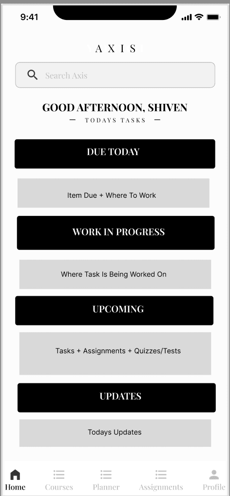 Axis low-fidelity home screen wireframe