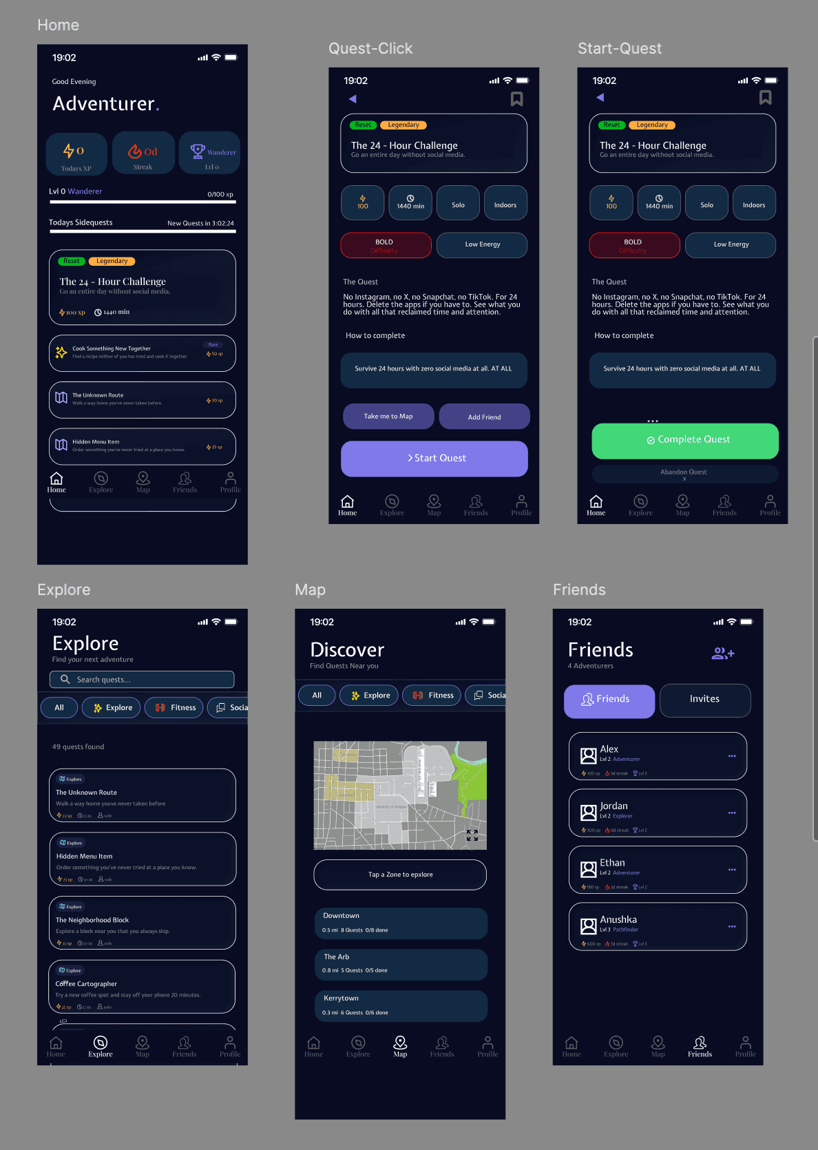 SideQuest wireframes — core loop design